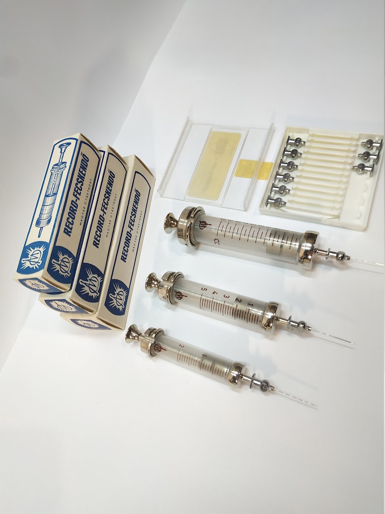 3 PC SYRINGE Vintage Medical Pro KIT 2 ml 5 ml 10 ml New Glass Syringe set 1 box Hypodermic record needle / syringe set 1957 / Gift image 4