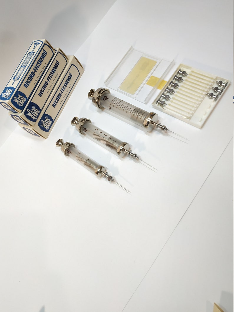 3 PC SYRINGE Vintage Medical Pro KIT 2 ml 5 ml 10 ml New Glass Syringe set 1 box Hypodermic record needle / syringe set 1957 / Gift image 3