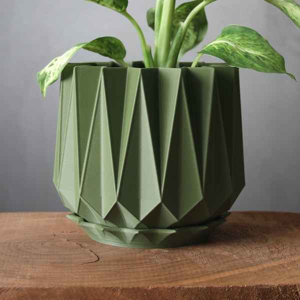 The Estrella Planter in Dark Green - Drainage Hole and Tray - Modern Indoor Plant Pot - 3D Printed Gift - Perfect for Succulent and Cactus