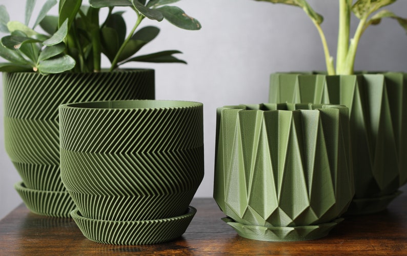 Set of 2 Planters in Dark Green Drainage Holes and Trays Modern Indoor Plant Pots 3D Printed Gift Perfect for Succulent and Cactus image 2