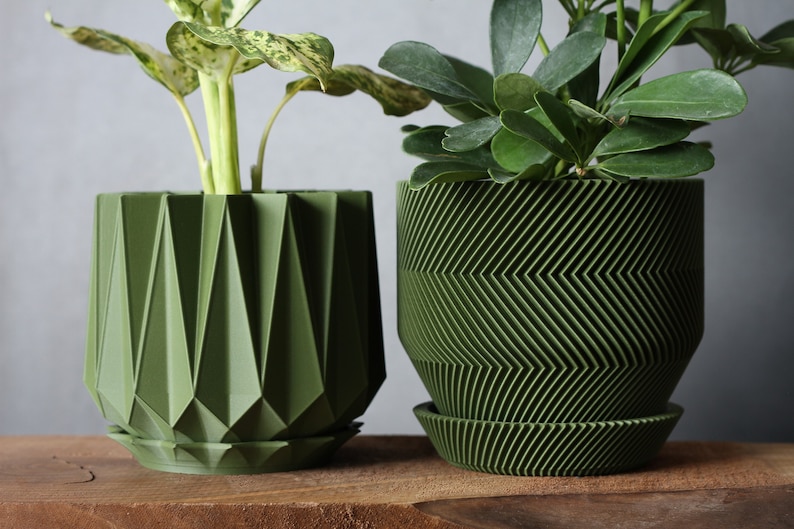 Set of 2 Planters in Dark Green Drainage Holes and Trays Modern Indoor Plant Pots 3D Printed Gift Perfect for Succulent and Cactus image 1