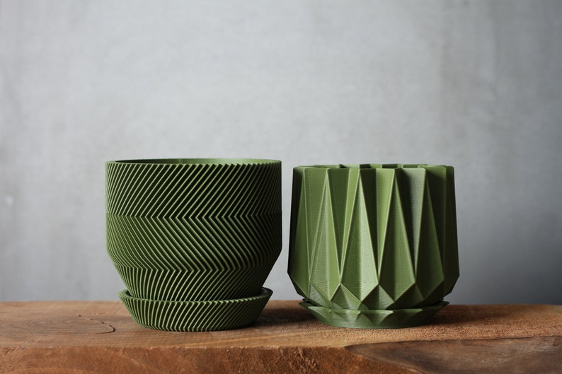 Set of 2 Planters in Dark Green Drainage Holes and Trays Modern Indoor Plant Pots 3D Printed Gift Perfect for Succulent and Cactus image 7