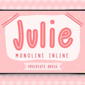 May include: A pink digital tablet screen with a white background and a pink and white graphic design. The text "Julie Monoline Inline Procreate Brush" is displayed on the screen.