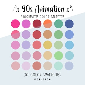 Può includere: Una tavolozza di colori digitale con 30 campioni di colore in tonalità di rosa, viola, rosso, arancione, verde, blu e beige. La tavolozza è intitolata "Palette di colori Procreate Animazione anni '90" e include il testo "30 Campioni di colore @crisico".