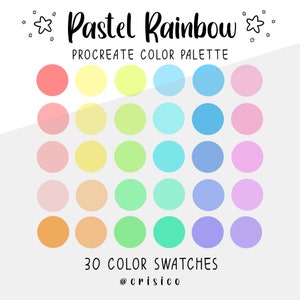 Op de afbeelding: Pastel Rainbow Procreate kleurenpalet met 30 kleurstalen. Het palet bevat een reeks pastelkleuren, waaronder roze, geel, groen, blauw en paars.