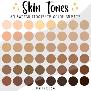 Pode incluir: Uma paleta de cores digital para Procreate com 60 amostras de tons de pele, que vão do claro ao escuro. A paleta é organizada em linhas de círculos, cada círculo representa um tom de pele diferente.