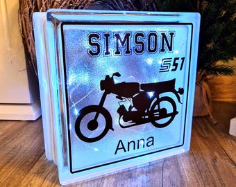 Simson S51 Glasbaustein beleuchtet personalisiert | Deko | Lampe | Geschenk | DDR | S50 | Leuchtschild | Geburtstag | Vintage | Jugendweihe