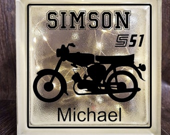 personalized glass block Simson S51 illuminated | Decoration | Lamp | Gift | GDR two-stroke fan | Glass block is made for you