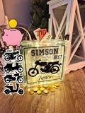 Personalized Simson S51, Schwalbe, SR50 or Star SR4-2 glass block money box, decorative lamp, gift, GDR-era illuminated sign, birthday, confirmation