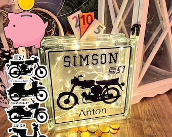 Spardose Simson S51, Schwalbe, SR50 oder Star SR4-2 Glasbaustein personalisiert Deko Lampe Geschenk DDR Leuchtschild Geburtstag Jugendweihe