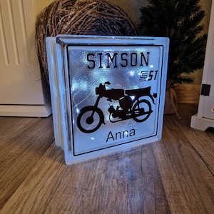Simson S51 Glasbaustein beleuchtet personalisiert | Deko | Lampe | Geschenk | DDR | S50 | Leuchtschild | Geburtstag | Vintage | Jugendweihe