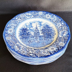 Liberty Blue Independence Hall Dinner Plates from England - Set of 7 Plates