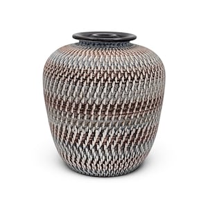 May include: A rounded ceramic vase featuring a dark brown and white textured pattern of repeating vertical dashes. The vessel has a smooth, solid black rim and a wide, bulbous body that tapers slightly toward the base, creating a distinct visual contrast.