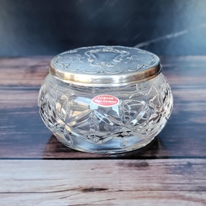 Vintage Crystal Powder Jar with Repousse Silver Plated Lid Gorham West Germany