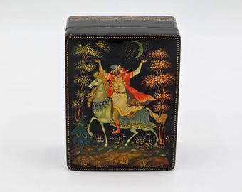 Vintage Palekh Lacquer Box, Hand Painted Russian Fairy Tale Prince Horse (USSR)