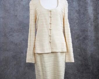 St John Evening Cream Rhinestone Knit 3 Pc Jacket Skirt Pants Set Sz 12 8