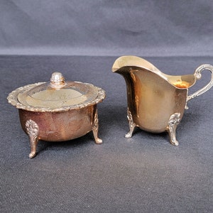 Vintage Lion Head Footed Creamer and Sugar Bowl Set Antique Silver Plated Ornate