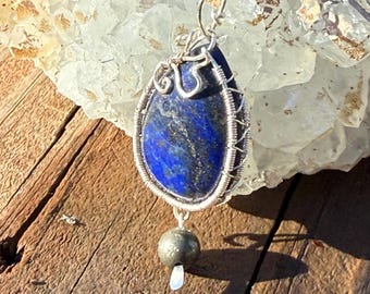 Wire Wrapped Lapis Lazuli Pendant with 18" Silver Filigree Chain
