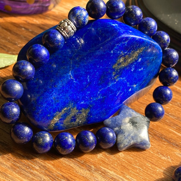 Echtes Lapislazuli- und Sodalith-Armband mit klarem Quarz, natürlichem Edelstein, Perlen, Geschenk, Einsicht, Bewusstsein, drittes Auge