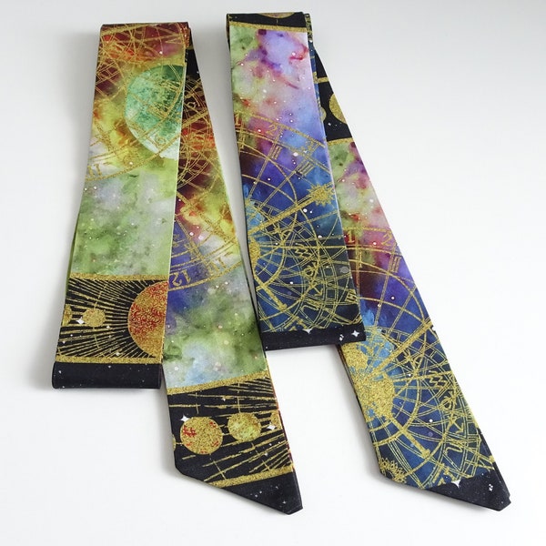 Galaxy Print Skinny Scarf of Planets and Stars / Longtail Headband or Neck Scarf Astronomy Gift for Friend