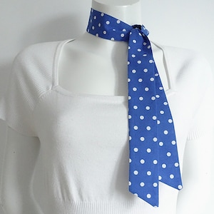 Cotton Polka Dot Scarf / Blue & White Skinny Hair Ribbon / Slim Necktie