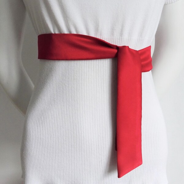 Red Satin Scarf / Satin Skinny Sash Belt / Short or Long Red Hair Ribbon