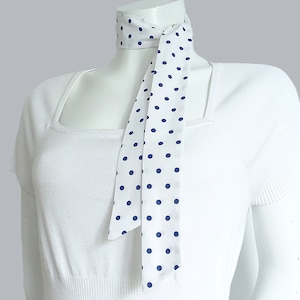 Cotton Polka Dot Skinny Scarf / Blue & White Hair Ribbon / Narrow Neck Tie