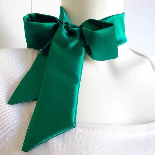 Green Satin Scarf / Neck Bow Scarf / Satin Sash Belt for Women / Green Hair Ribbon / Holiday Gift Accessory