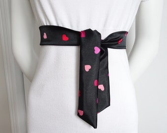 Black Satin Scarf with Hearts / Skinny Neckwear Accessory / Fashion Accessory Satin Sash / Gift for friend