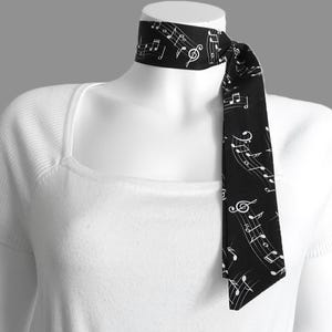 Black Scarf With Music Notes Print / Slim Neck Scarf / Headband for Short or Long Hair / Gift for Music Lovers