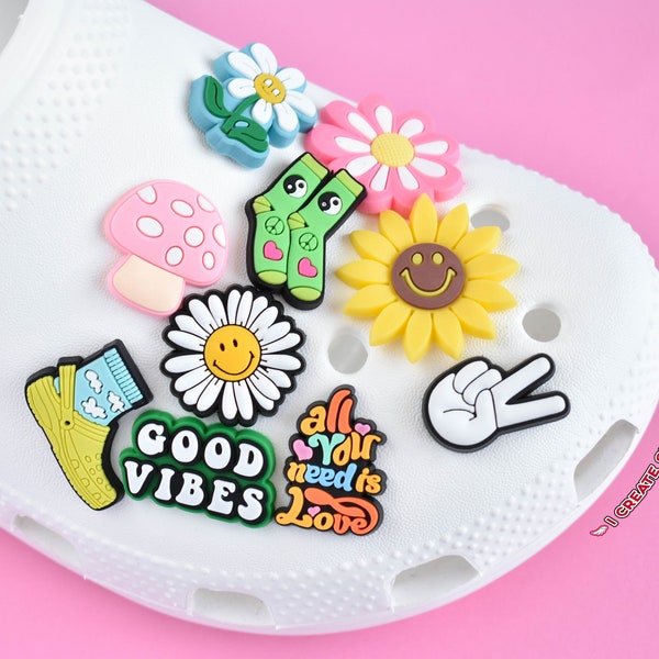 CROC CHARMS, Peace & Love Shoe Charms, Daisy Flower, Retro Shoe Pins