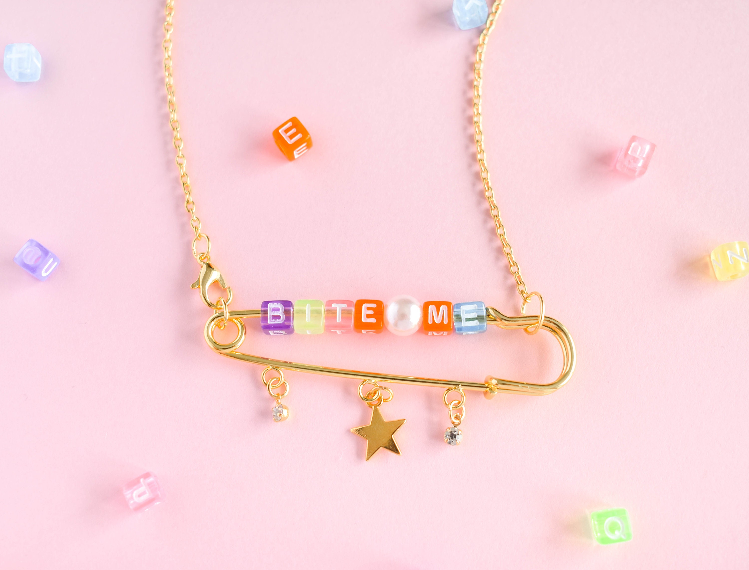 Safety pin necklace with beads deals