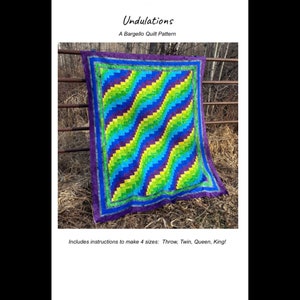 May include: A colourful quilt pattern called "Undulations" with instructions to make four sizes: throw, twin, queen, and king.