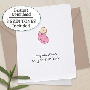 New Baby Girl Printable Card, Congrats Little Bean Baby Shower Card, Instant Download