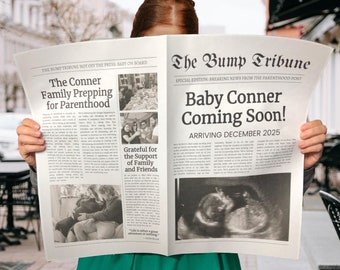 Pregnancy Announcement Newspaper Template, Personalized Unique Fun New Baby Reveal, Custom Baby on the Way Print, Editable Digital Download