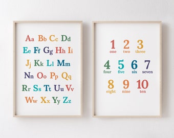 Alphabet Poster for Nursery PRINTABLE | Boho Rainbow Colors | Baby Gift | Wall Decor | Alphabet and Numbers Wall Art Instant Download