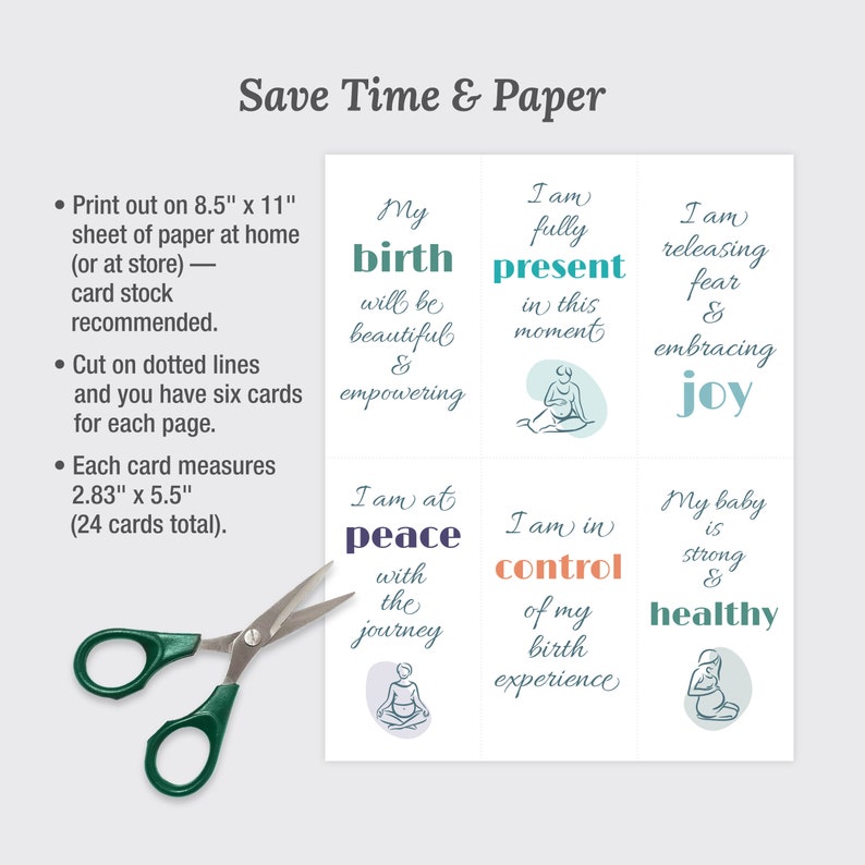 Hypnobirth labor affirmation cards save time and paper print out at home 24 cards measure 2.83" x 5.5"