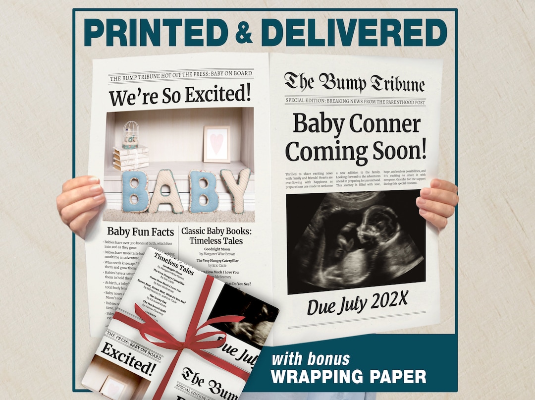 Newspaper Pregnancy Announcement Printed, Personalized Unique Fun New Baby Reveal, Custom Baby