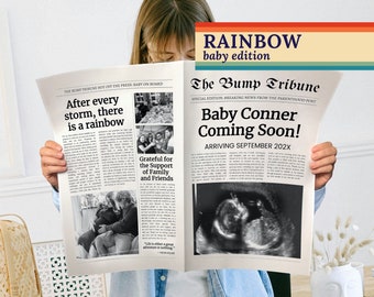 Rainbow Baby Announcement Newspaper Template, Personalized Pregnancy New Baby Reveal, Editable Fun Unique Baby on the Way Social Media