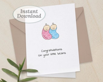 New Baby Twins Printable Card, Girl and Boy Baby Shower Congrats Little Beans, Instant Download