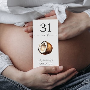 Druckbare Schwangerschafts-Meilensteinkarten Minimal, Obst- und Gemüse-Baby-Countdown, Schwangerschaftsankündigungsfoto, Aquarellkarten in Babygröße nach Woche