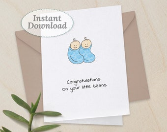 New Baby Boy Twins Printable Card, Congrats Little Beans Baby Shower Card, Instant Download