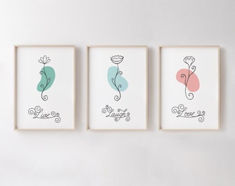 Nursery Wall Art Printable, Original Flower Art, Minimal Boho Wildflower Design, Baby Gift, Instant Download, Live Laugh Love Triptych