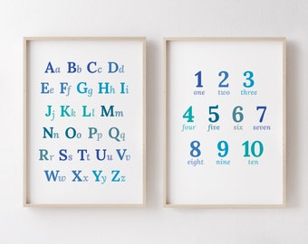 Alphabet Poster for Nursery PRINTABLE | Ocean Colors | Baby Gift | Wall Decor Sea Theme | Alphabet and Numbers Wall Art Instant Download