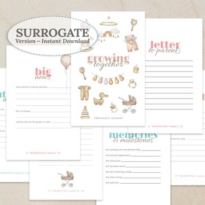 May include: Printable journal pages for a surrogate mother. The pages include sections for "Big News", "Growing Together", "Memories & Milestones", "Letter to Parent", and "Prenatal". The pages are decorated with watercolor illustrations of baby items, such as a baby carriage, a rattle, and a stuffed animal.