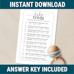 Juego de trivia para baby shower, diseño minimalista, con datos divertidos y clave de respuestas en formato PDF