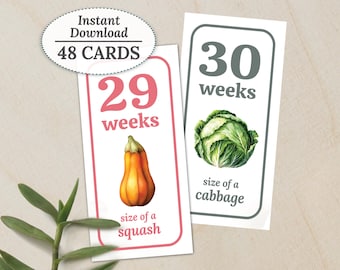Printable Pregnancy Milestone Cards, Fruit & Veggie Baby Countdown, Pregnancy Announcement Photo, Baby Size by Week Watercolor Cards