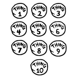 May include: Ten round, black and white stickers with the word "THING" and a number from 1 to 10.
