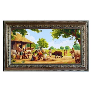 Indian Village Scene Painting, Cattle and Village People Wall Art, Indian Cultural Wall Art Framed, Landscape Art Print Digital Download