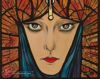 May include: A colorful stained glass portrait of a woman with a gold headdress and a blue veil. Her eyes are closed and she has a serious expression. The background is a mosaic of orange, yellow, and brown.
